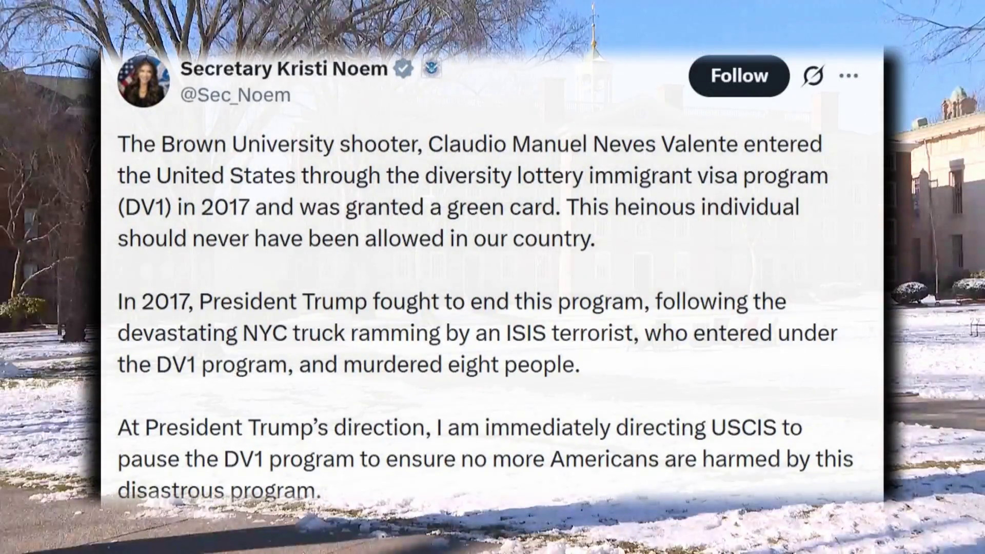 美國布朗大學槍擊案　槍手廿多年前曾就讀該校　特朗普暫停多元化移民簽證計劃