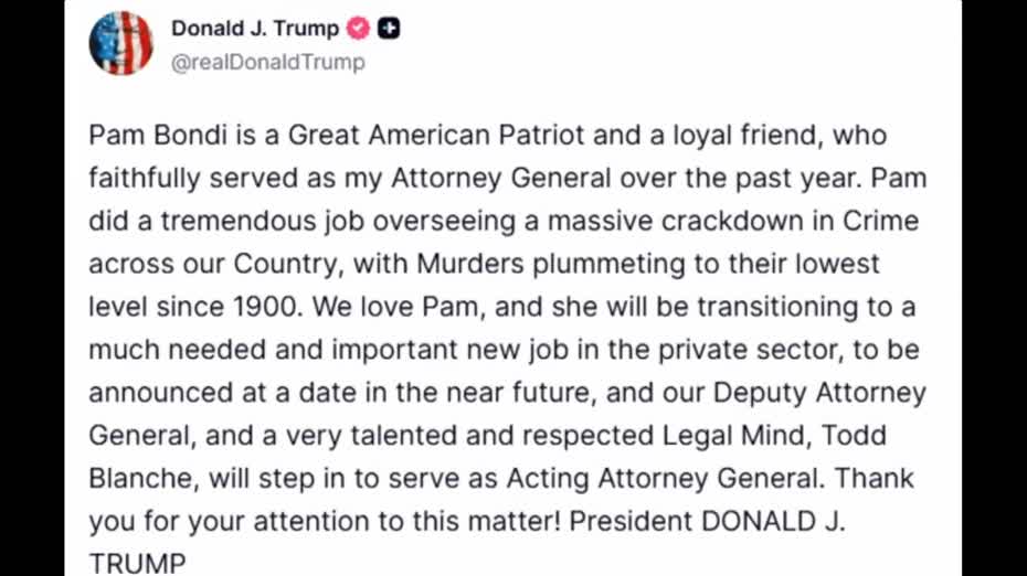 特朗普辭退司法部長邦迪　傳不滿其處理愛潑斯坦案文件不力　據報擬大規模改組內閣