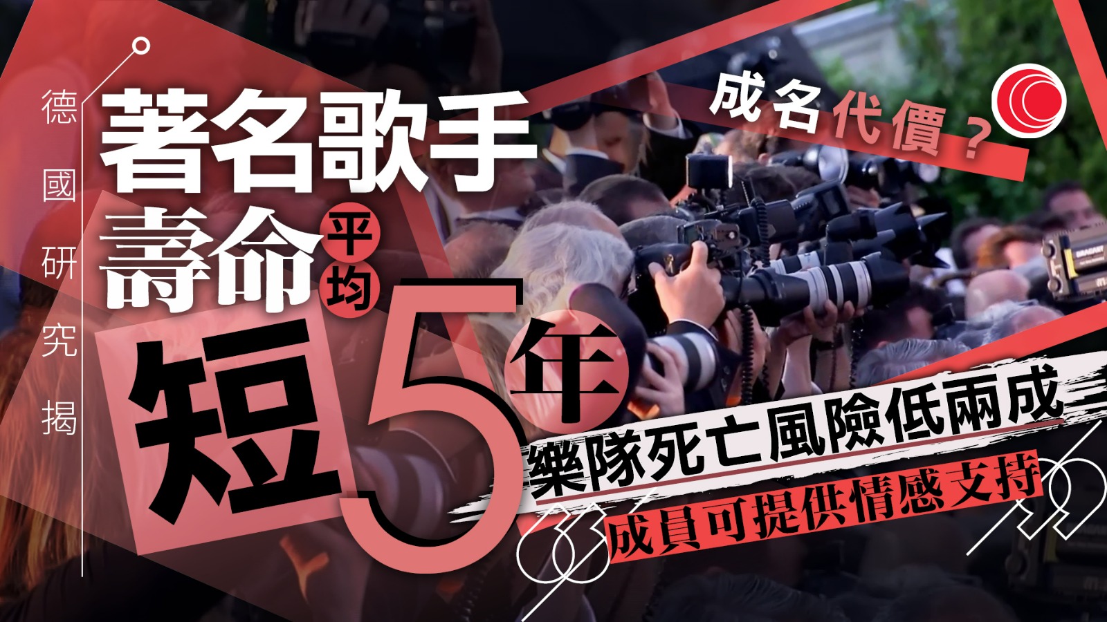 德國研究指名人或壽命短近5年　著名歌手死亡風險高33%　獨唱壓力更大