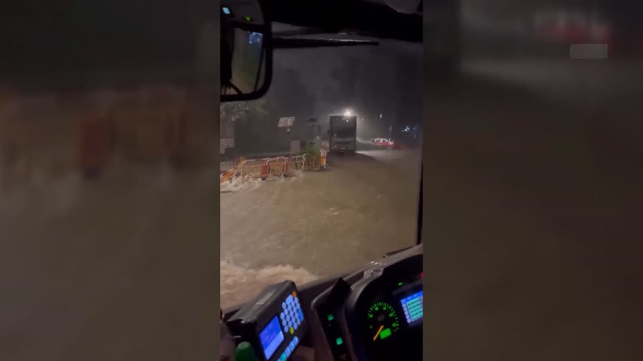 暴雨｜新界北區水浸　泥水湧入巴士　新啟用龍躍頭行人天橋變「水舞間」