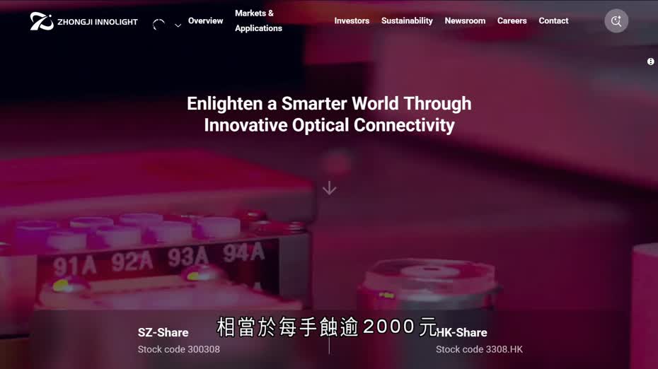 中際旭創暗盤一度低5%　每手蝕逾2000元