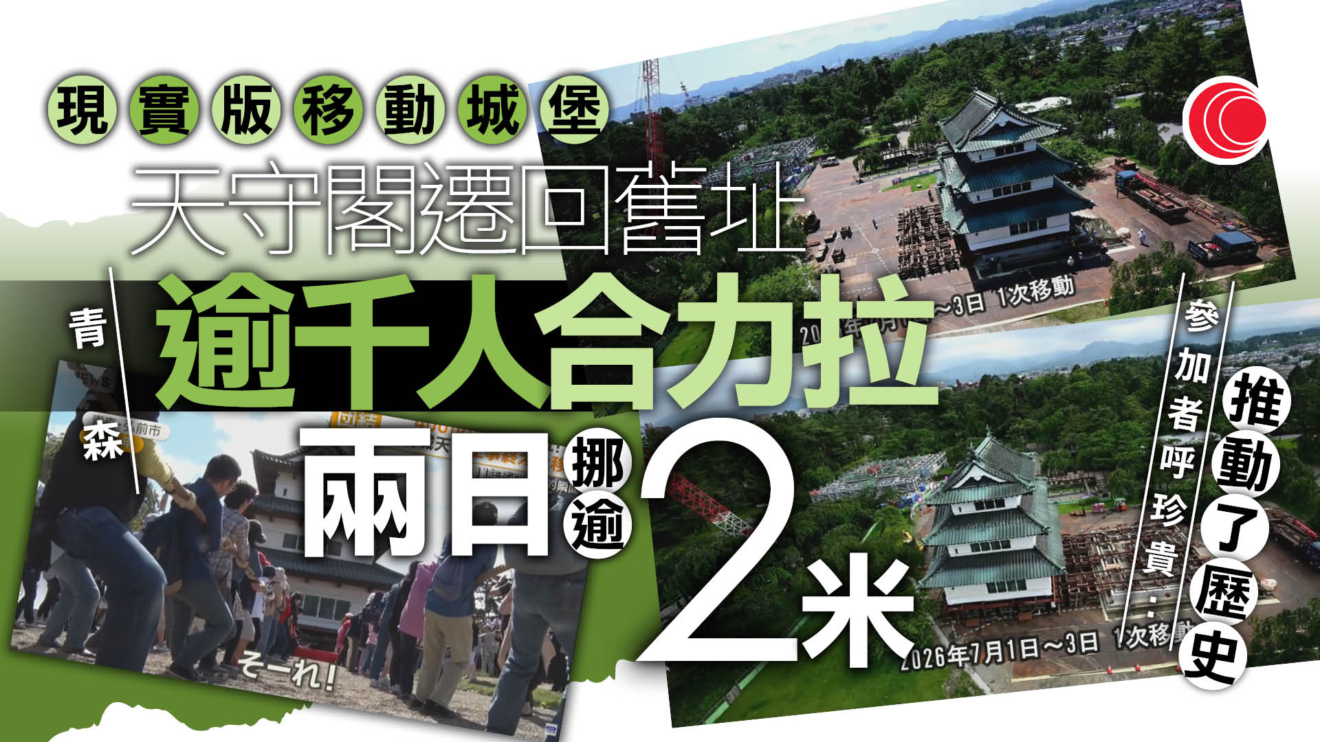 日本青森弘前城天守閣「曳屋」復位　逾千義工「車輪戰」上陣、目標拉動五米
