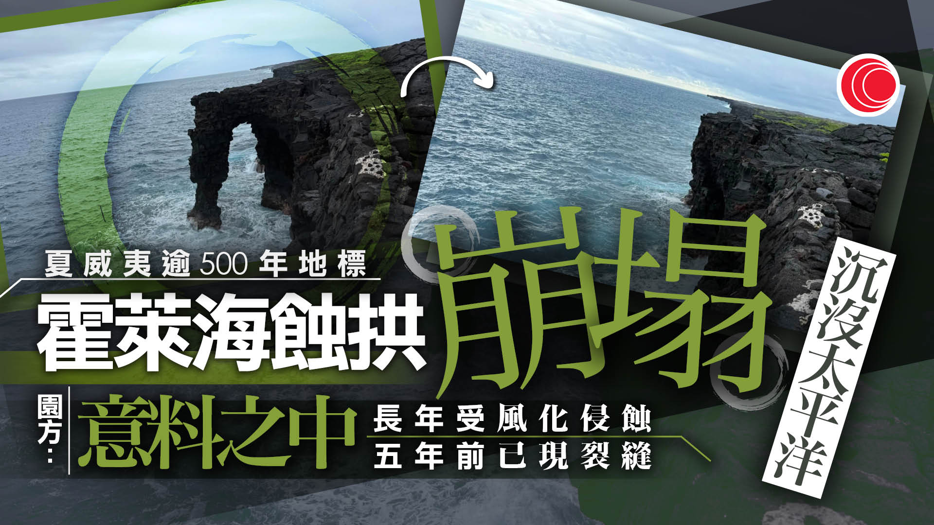 夏威夷火山國家公園逾500年地標霍萊海蝕拱崩塌　沉入太平洋